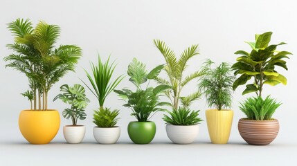 Fototapeta premium A variety of indoor plants in decorative pots arranged aesthetically.
