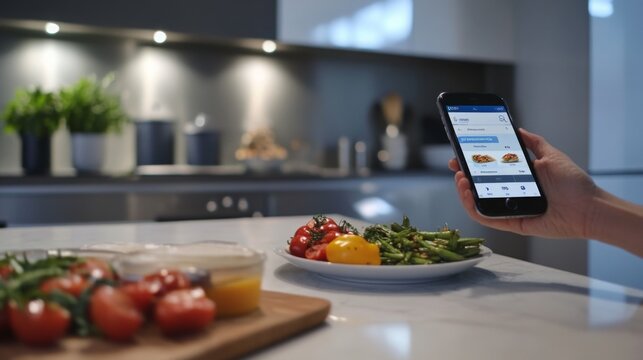 A person holds a smartphone to place a food order while fresh vegetables are being prepared on a countertop. The modern kitchen features bright lighting and an organized layout.