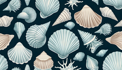 Stylized seashells pattern illustration in soft colors on a dark background