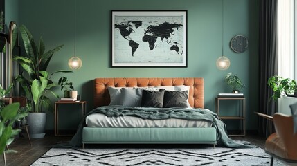 Cozy bedroom featuring a map, plants, and stylish decor.