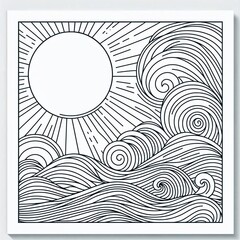 Sun and ocean waves in abstract black and white line art