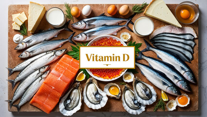 Various fresh food with the sign inscription vitamin D