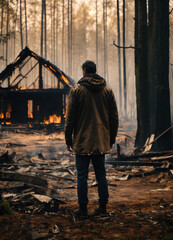 Fototapeta premium A sad man standing in front of a burnt down home in a forest