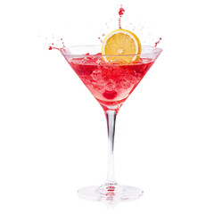red cocktail with lime making splash in a glass isolated on transparent or white background, comopolitan, manhattan, margarita