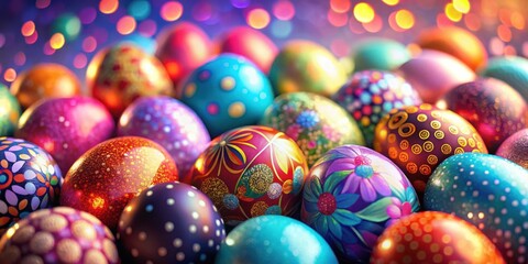 A Colorful Celebration of Spring Delicate Easter Eggs Decorated with Intricate Patterns, Gleaming with Festive Sparkle