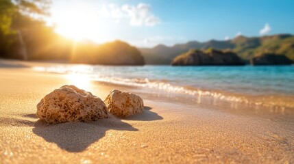A picturesque sunlit beach with soft sands, sparkling waters, and distant mountains, creating an idyllic and peaceful retreat under a bright, blue sky.