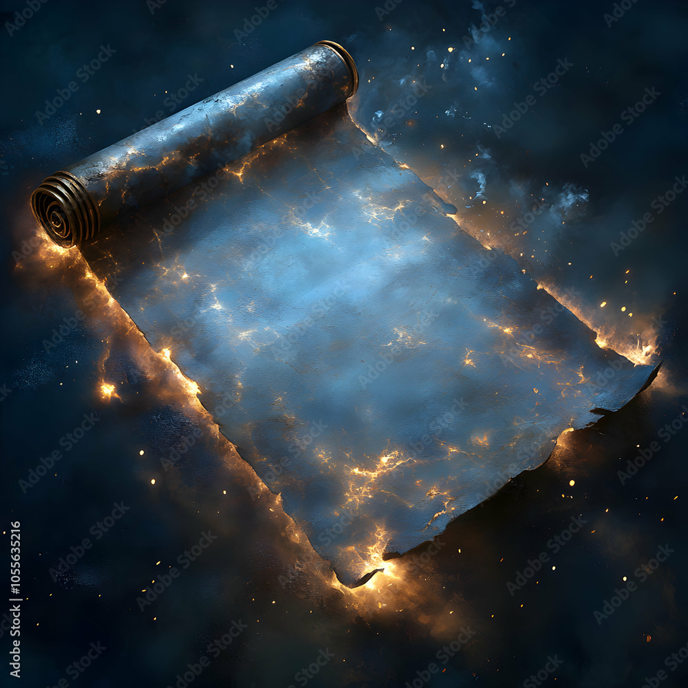 Poster weathered blank scroll with curling ends on a soft background