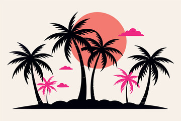 Obraz premium Silhouettes of Palm Trees and Pink Sun Vector. Set of Palm Trees and Sunrise Vector Silhouette. 