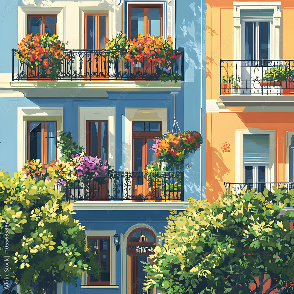 Poster charming illustration of three distinctive houses in a serene setting with artistic elements