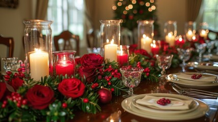 A beautifully decorated dining table with elegant candles, red roses, and festive greenery, perfect for a joyful and memorable Christmas celebration