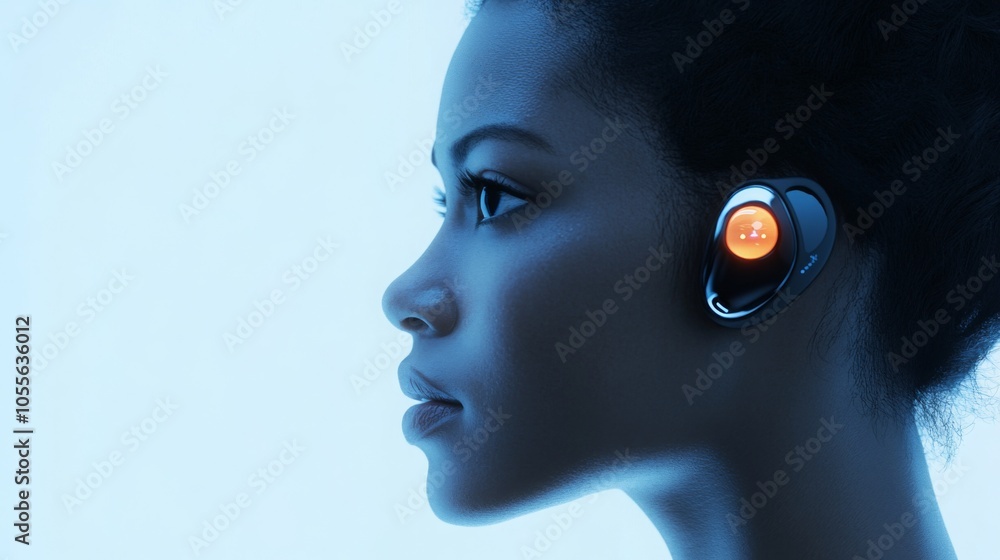 Poster a woman with striking features listens intently while wearing a sleek, modern ear device. her profil