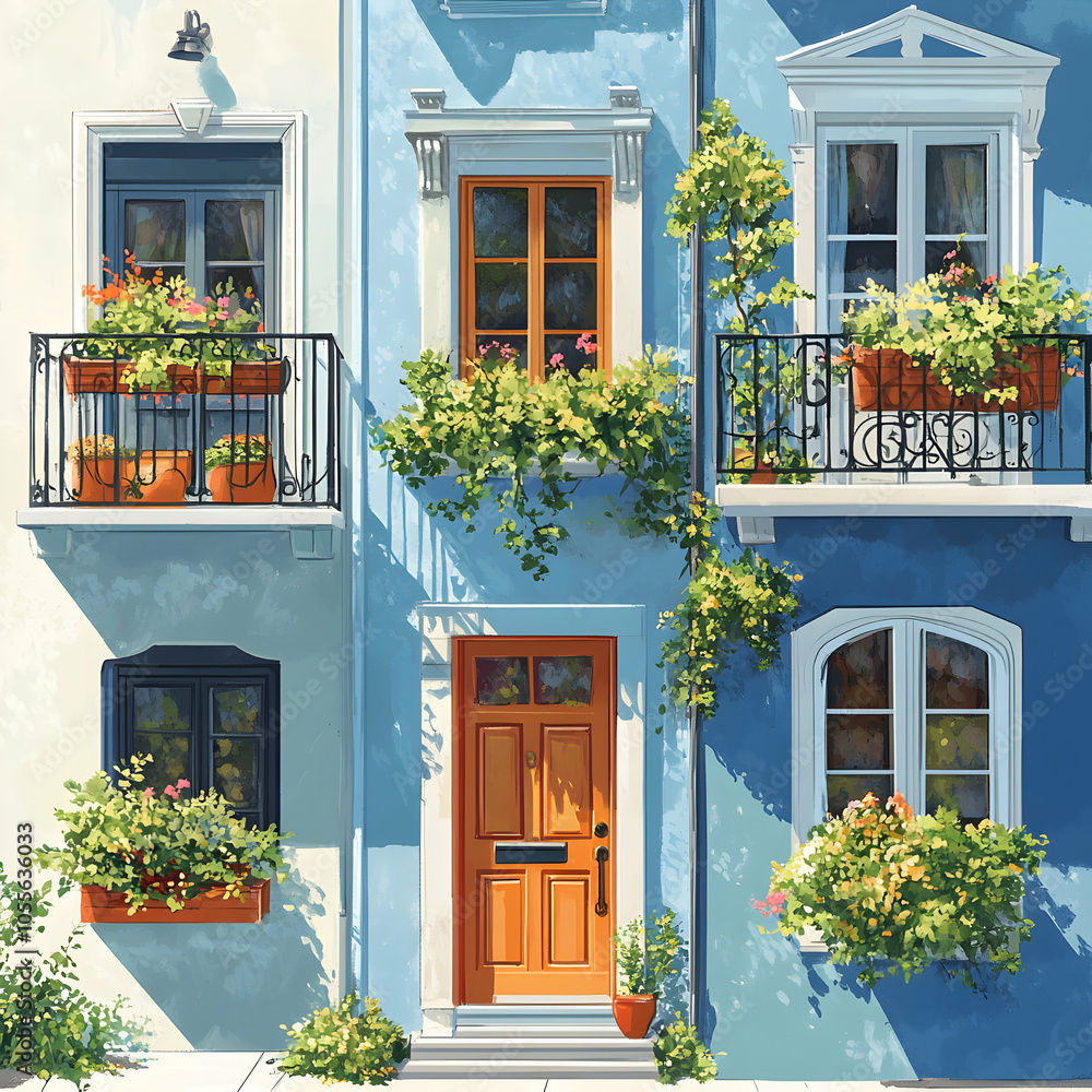 Poster charming european-style houses with distinct architectural features in a serene urban setting