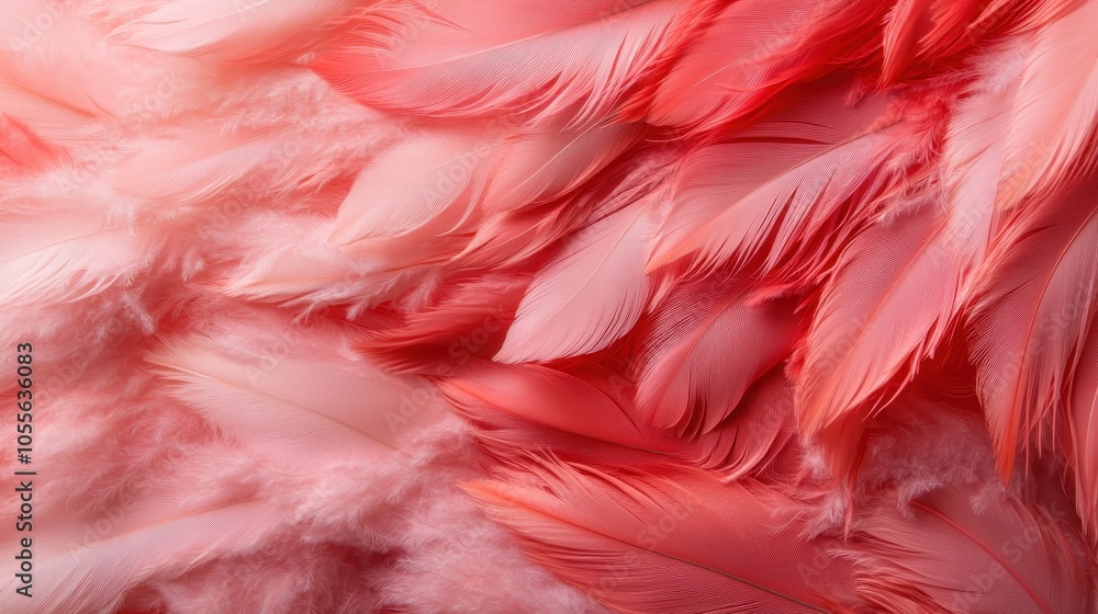 Poster a collection of soft pink feathers overlapping to form a delicate texture, creating a soothing and g