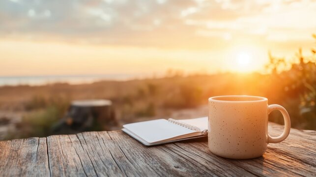 A serene scene with a steaming cup of coffee and an open journal resting on a rustic wooden table, illuminated by the soft glow of a tranquil sunrise.