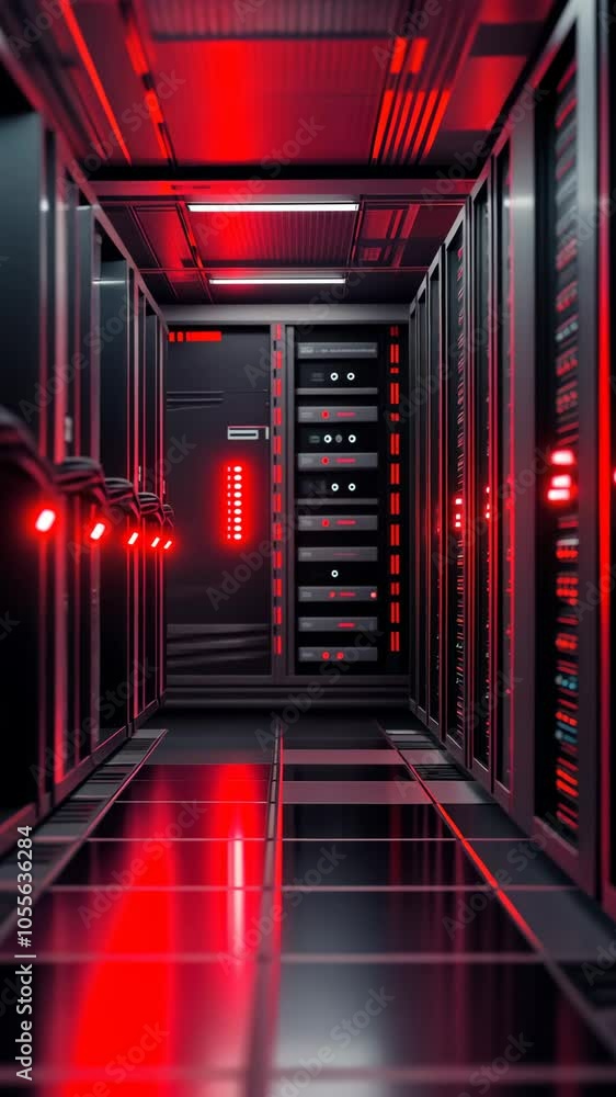 Poster flashing red alert lights pulsating in a dark server room