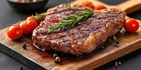 a steak on a cutting board with tomatoes and a knife