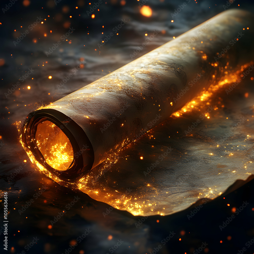 Poster unrolled ancient scroll with blank surface on rustic background