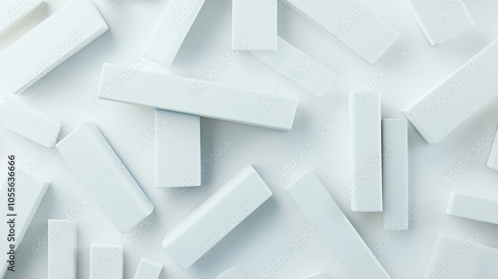 Poster white rectangular blocks scattered on a plain surface creating a minimalist abstract design