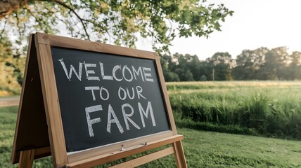 A photo of an outdoor blackboard sign with the text "Welcome to our farm"