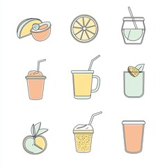 Colorful collection of beverages and fruit illustrations on a white background.