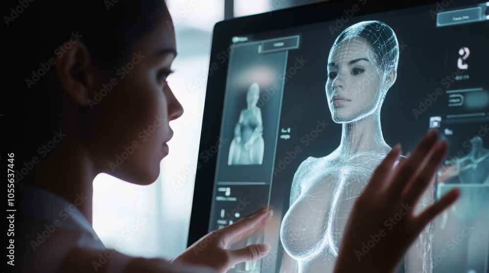 Aufkleber in a contemporary workspace, a woman engages with a holographic representation of a human figure on 