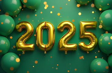 Celebrating the New Year 2025. Golden yellow colored foil balls. 2025 balloons. A greeting card. Happy New Year 2025. Blurred background. Selective focusing.
