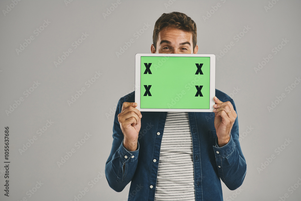 Poster portrait, green screen and man with tablet, network and person on gray studio background. face, oppo
