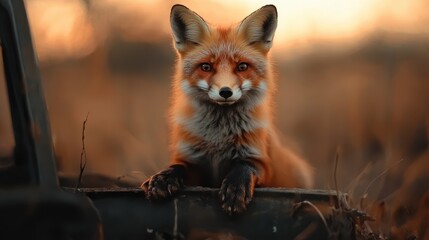 Obraz premium A detailed close-up captures a curious fox with fluffy fur and sharp eyes perched over a log, highlighting its beautiful features against a blurred, warm background.