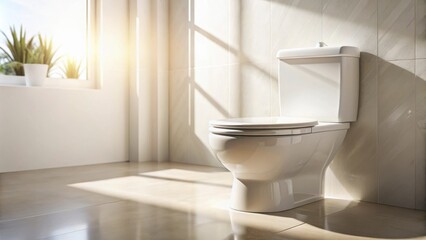 A white toilet bowl sits in a modern bathroom with warm, natural sunlight streaming through a window.