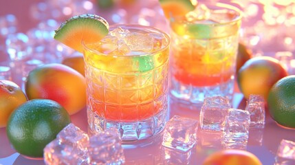 Fototapeta premium Two brightly colored summer cocktails sit on a table surrounded by ice cubes and fresh fruits, inviting enjoyment under the warm afternoon sun