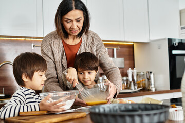 In a cozy kitchen, a cheerful grandmother enjoys baking festive treats with her grandsons before Christmas.