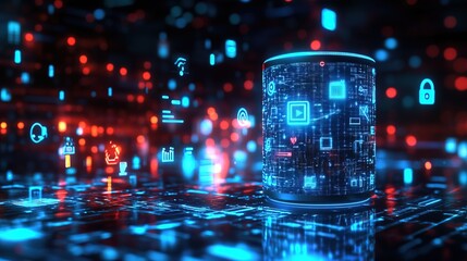 A smart speaker with a blue screen and a lot of icons on it