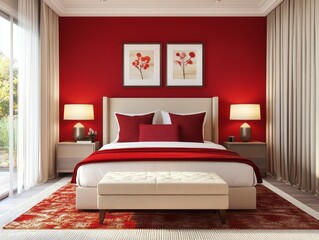 Red walls, sleek furniture and abstract art create a bold, contemporary bedroom design with a touch of elegance