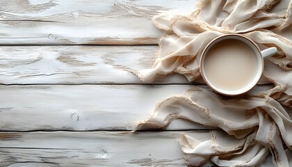 A coffee cup with a veil on a wooden table.  View from above.