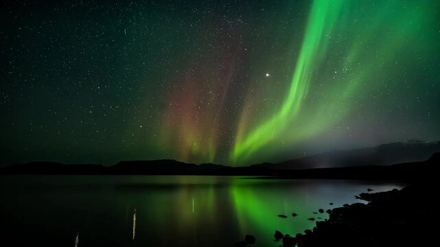 Aerial view of northern lights illuminating a serene landscape with water and stars, Krysuvik, Iceland.