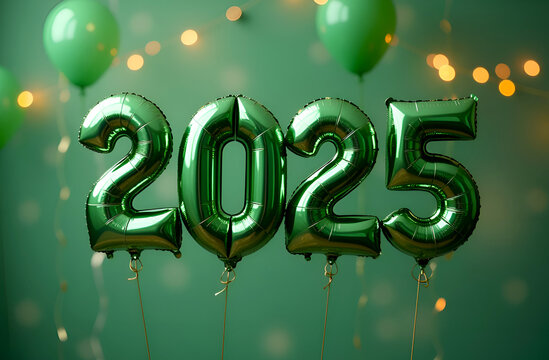 Happy New Year 2025. New Year's banner 2025 with green numbers and balloons on a green background. Blurred background. Selective focusing. - Powered by Adobe