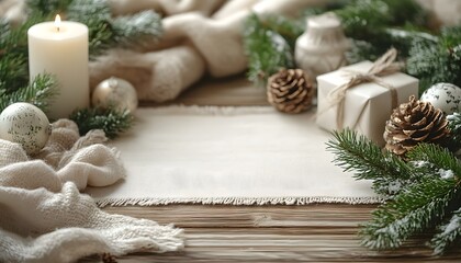 Christmas still life with candle, gift box and pine cones. 