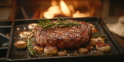 a steak on a plate with onions and garlic