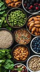 Nutritious arrangement of vegan ingredients featuring nuts, berries, and legumes for culinary inspiration