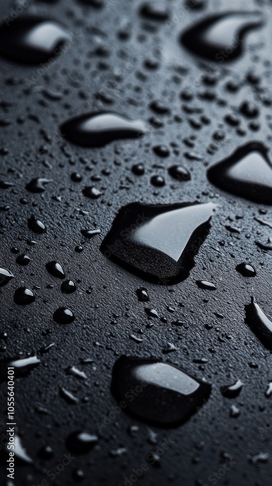 Poster water droplets gather on a smooth, dark surface, reflecting light and creating intricate patterns wh