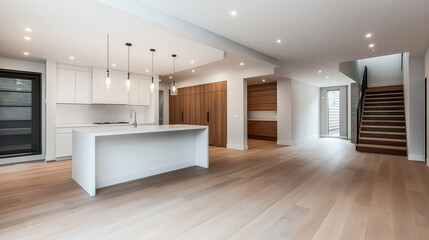 Modern open-plan kitchen interior with wooden flooring, island with sink, pendant lighting, and staircase in minimalist home design