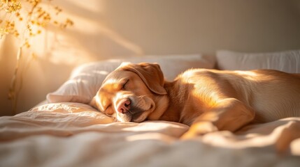 This charming image captures an adorable dog peacefully sleeping on a bed bathed in gentle morning sunlight, radiating warmth and a sense of tranquility and contentment.