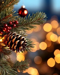 Christmas Pine Cone and Ornament Detail 