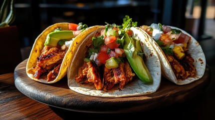 A trio of mouthwatering grilled chicken tacos with fresh avocado, tomato salsa, and cilantro, inviting and colorful on a wooden serving platter for visual appeal.