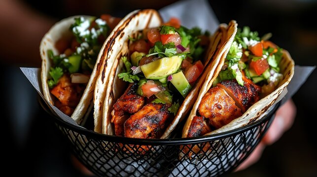 A set of three grilled chicken tacos, beautifully garnished with fresh tomato, avocado, and cilantro, sitting in a stylish presentation, evoking hunger and delight.