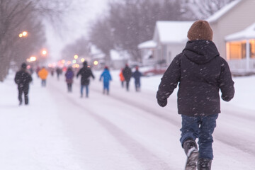 A group of people are running in the snow