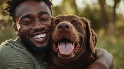 A joyful man embraces his equally happy dog, capturing a beautiful moment of bond and companionship in nature with perfect harmony and serene happiness displayed.