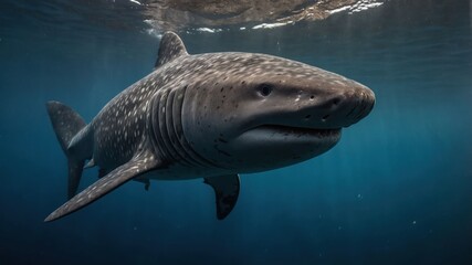 A close-up view of a majestic whale shark swimming underwater.