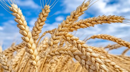 Golden Wheat Stalks Against a Blue Sky A Close-Up View of Ripe Grain Ready for Harvest