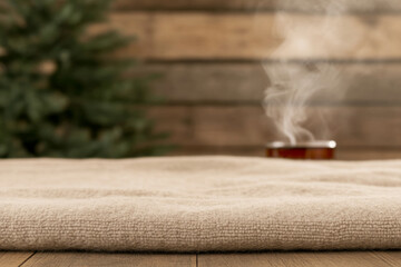 A wooden table with a cup of tea on it and a tree in the background